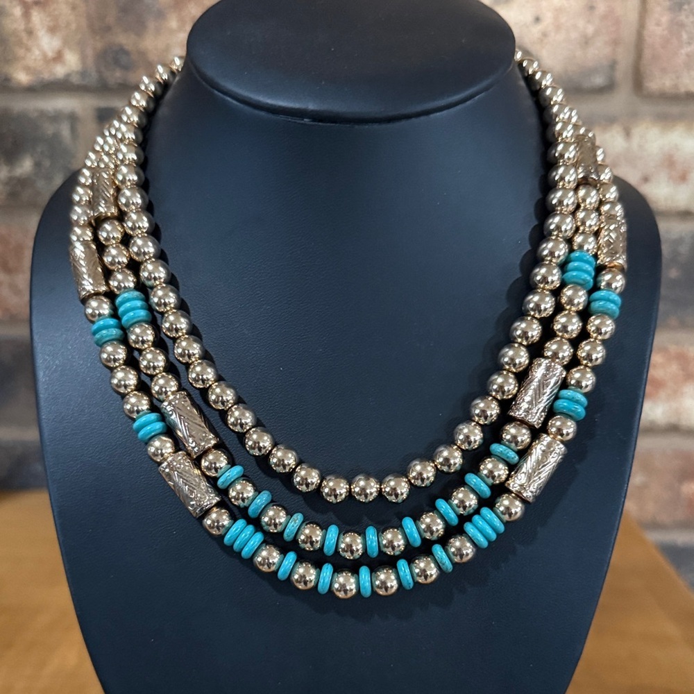 Anna & Ava NWT triple strand gold tone and faux turquoise beaded necklace